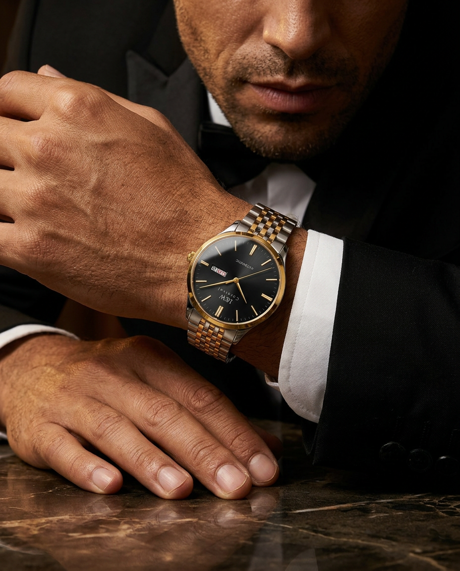 Two-tone Carnival automatic day-date watch worn with formal evening attire