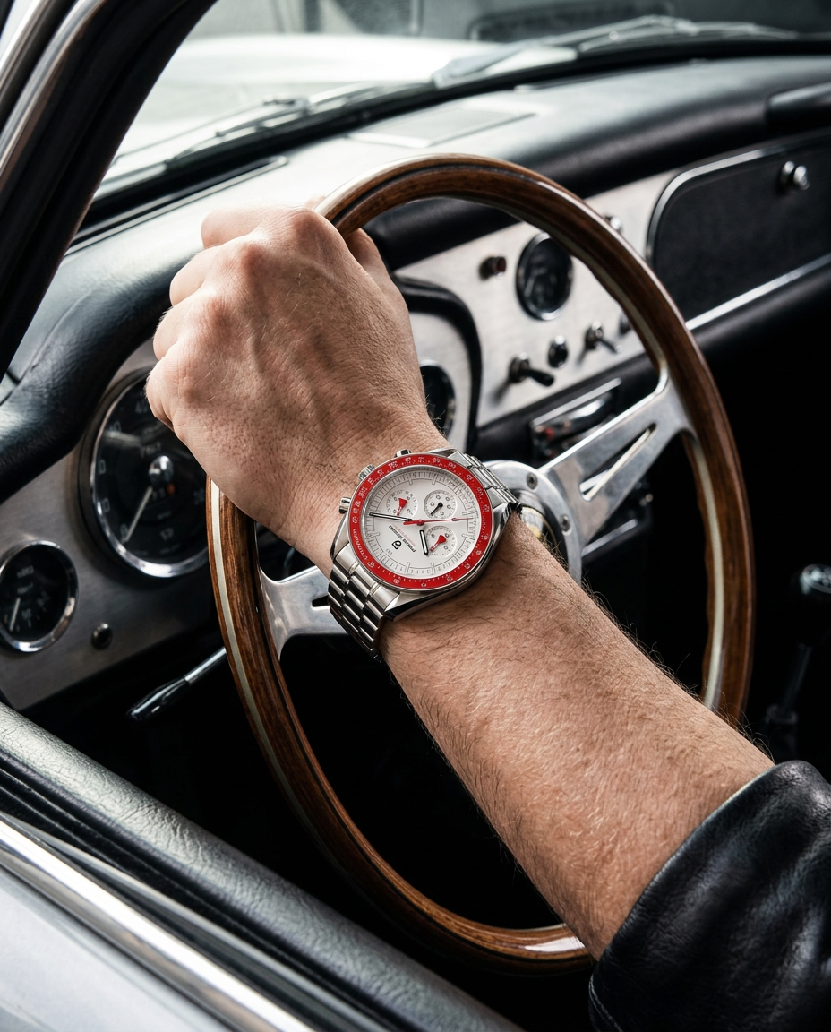 AK Project chronograph worn while driving a classic sports car