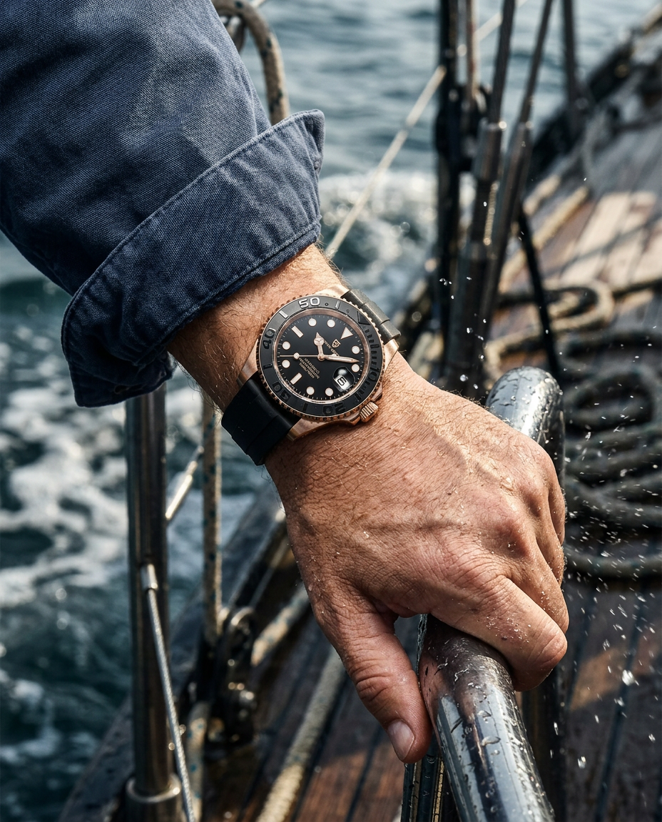 Two-tone automatic dive watch worn on a sailing boat