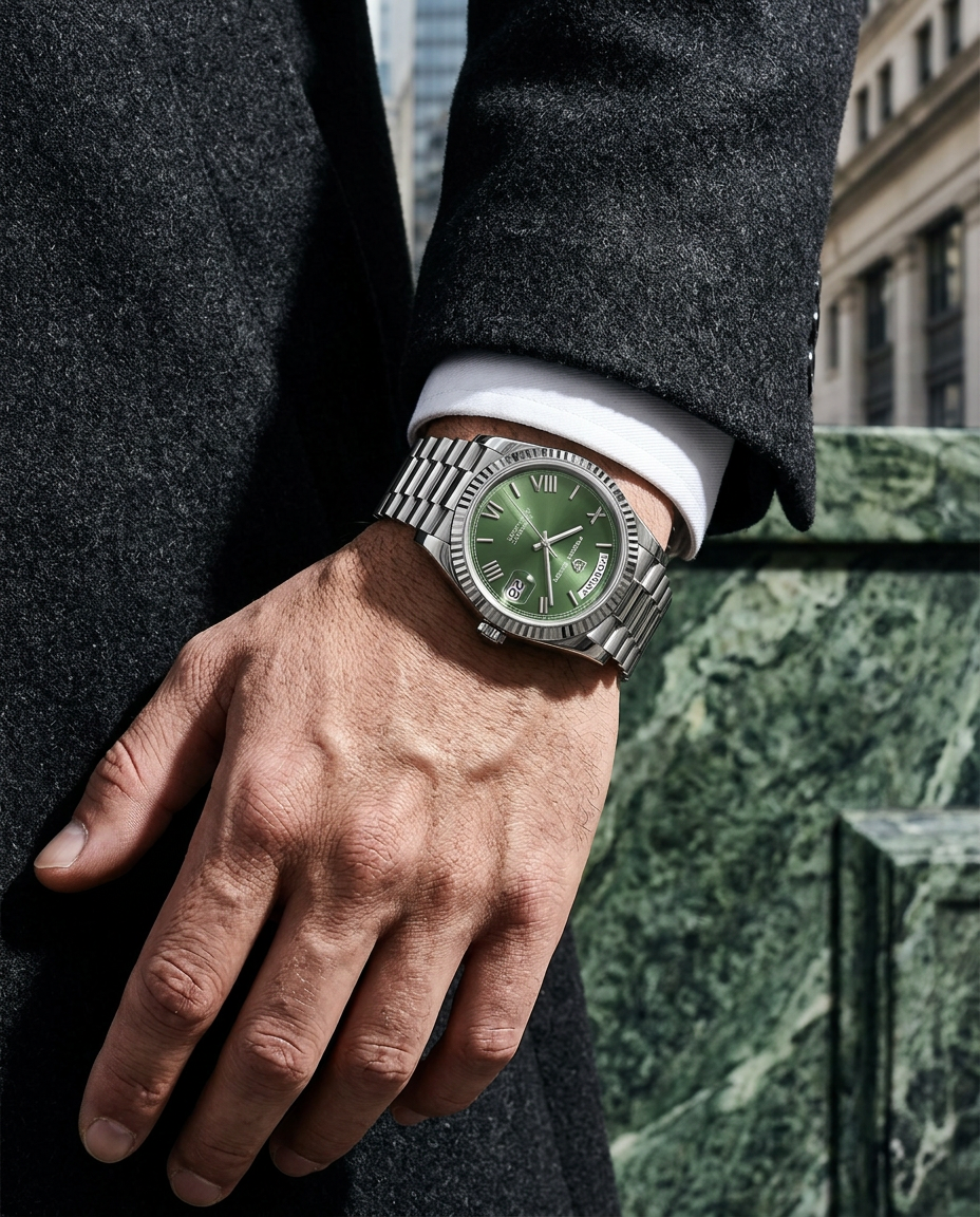 Green dial DD36 automatic watch worn with a tailored dark coat