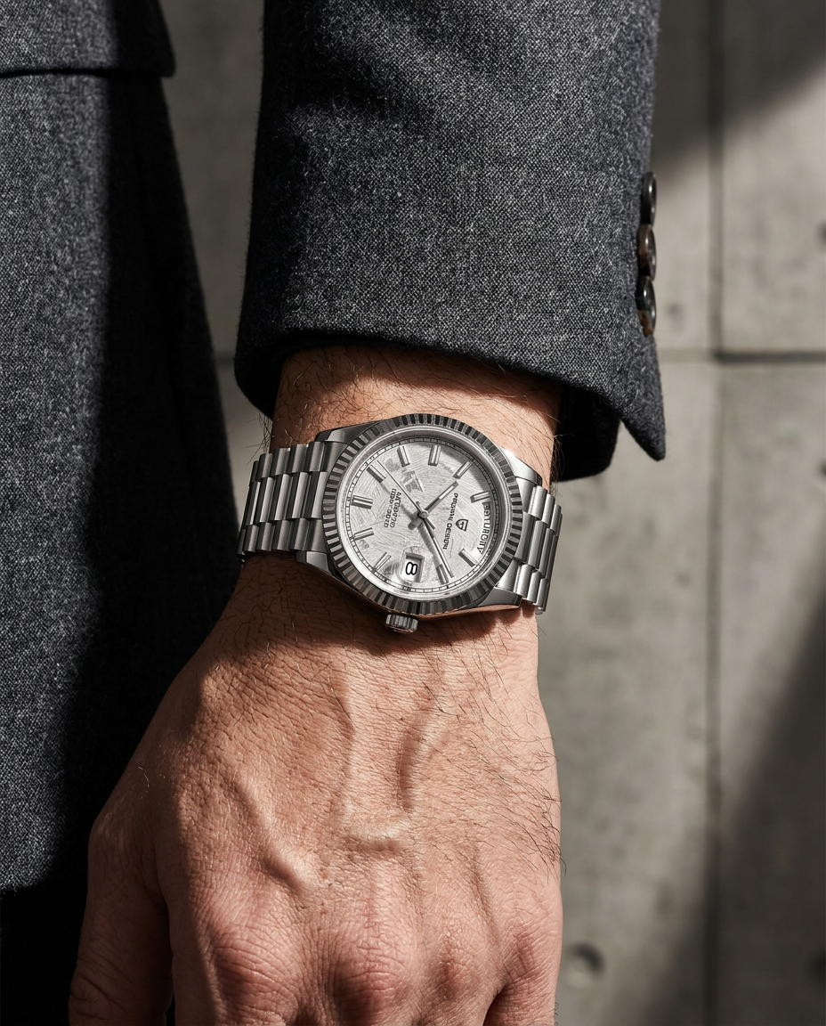 Meteorite dial DD36 automatic watch worn with a charcoal wool coat