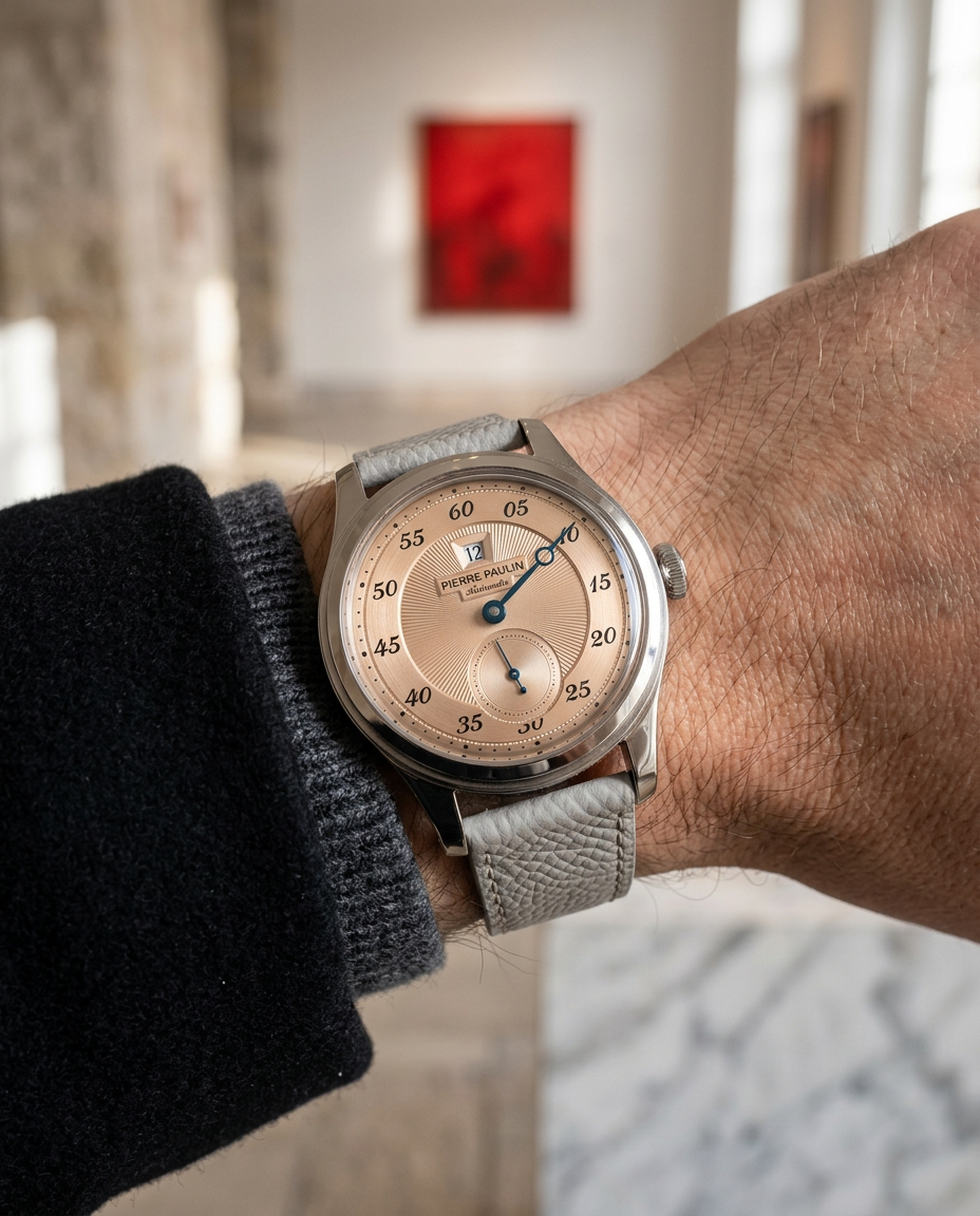 Salmon dial Pierre Paulin watch worn in a contemporary gallery